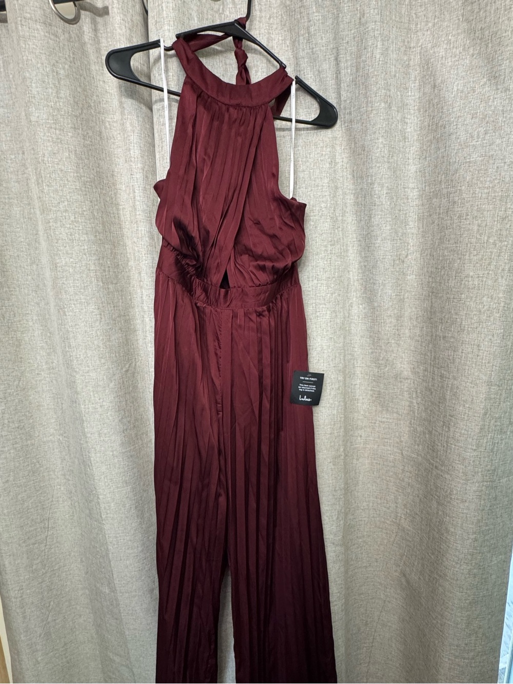 Lulu's Burgundy Halter Pleated Jumpsuit